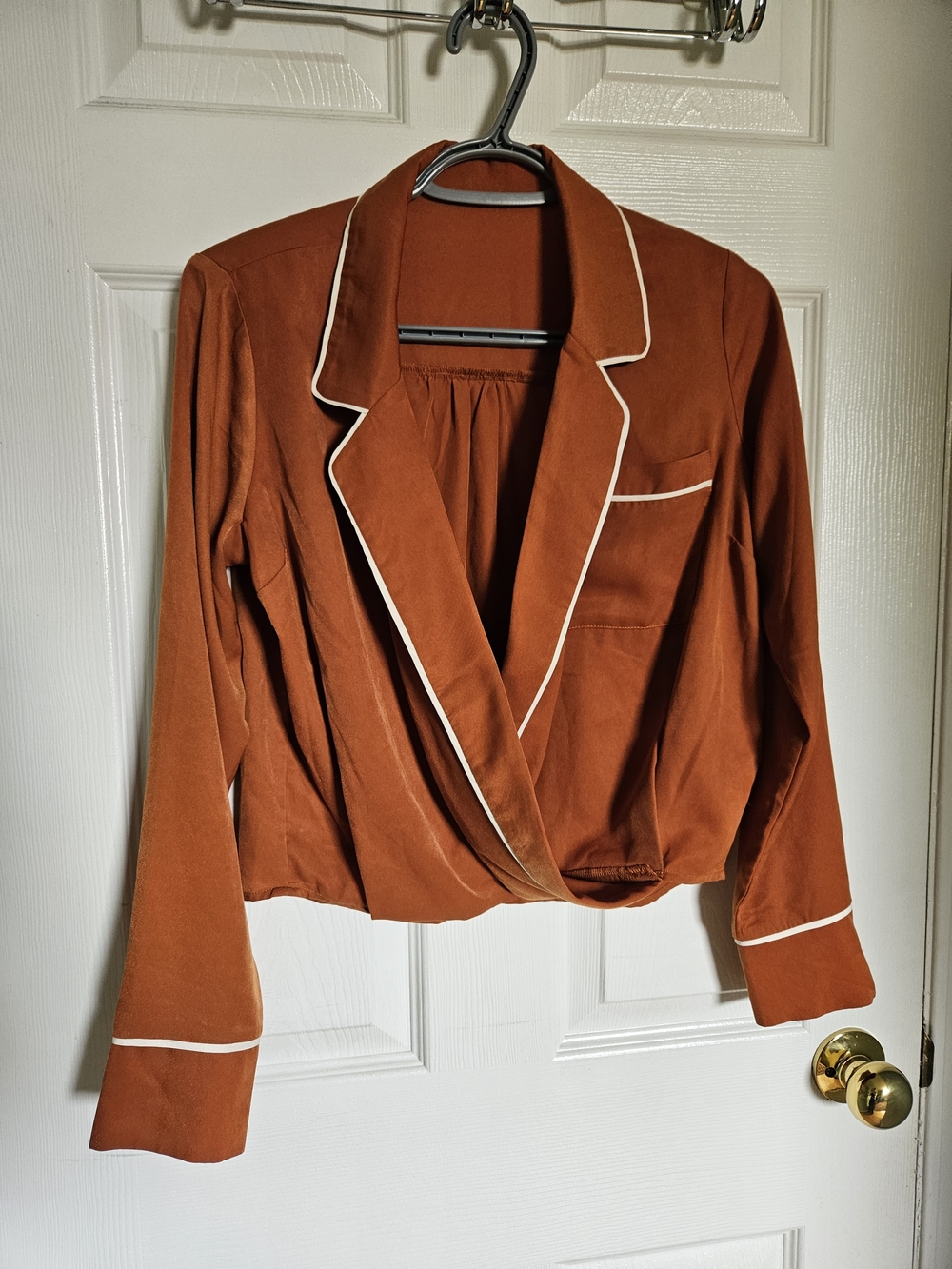 Rust Brown Women's Blouse with Contrast Piping